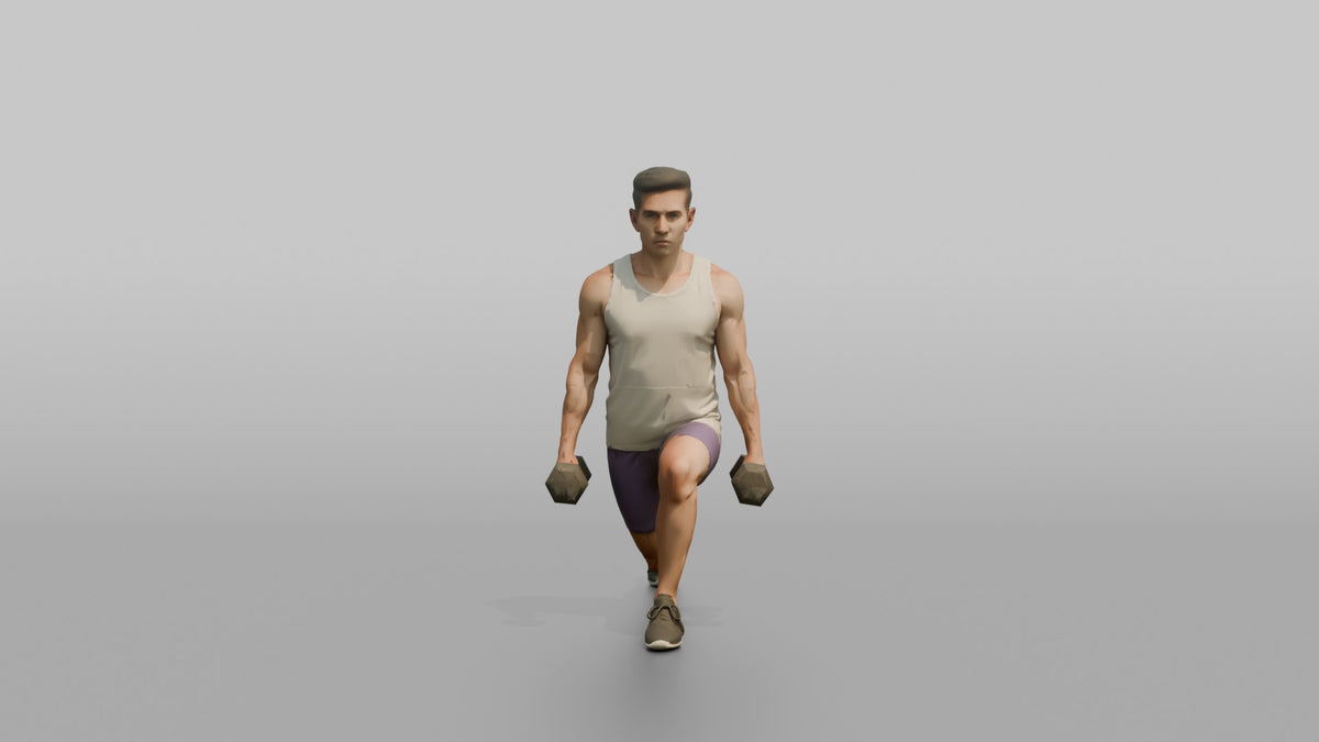 Weightlifter Man Holding Two Dumbbells At The Sides Mid-lunge - 3D character model, view 5