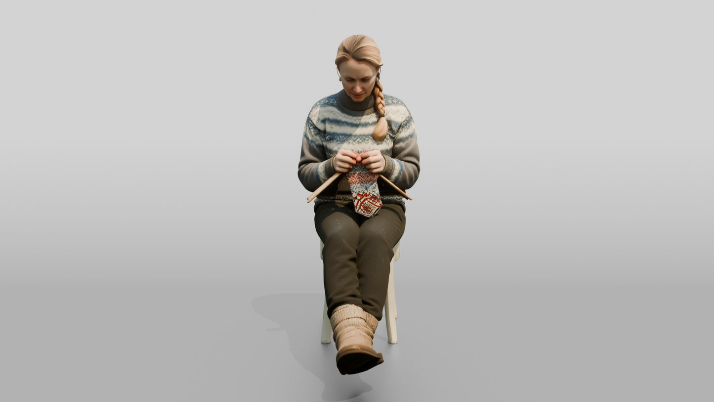 Norwegian Woman Knitting on a Snowy Bench