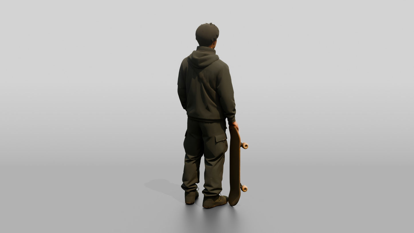 Skater Man in Technical Jacket with Skateboard