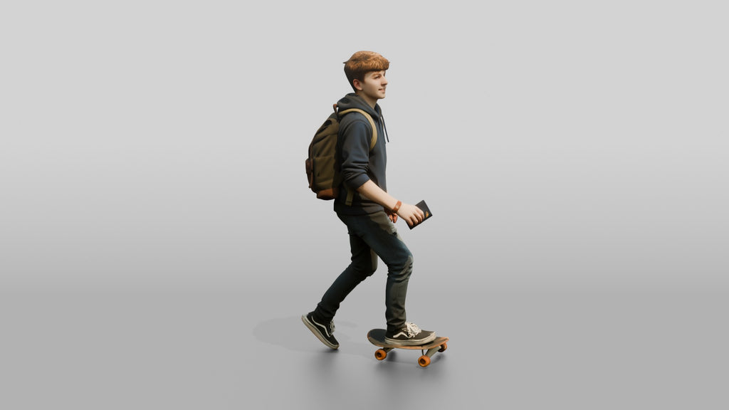 Teen Boy Riding Skateboard with Backpack and Phone