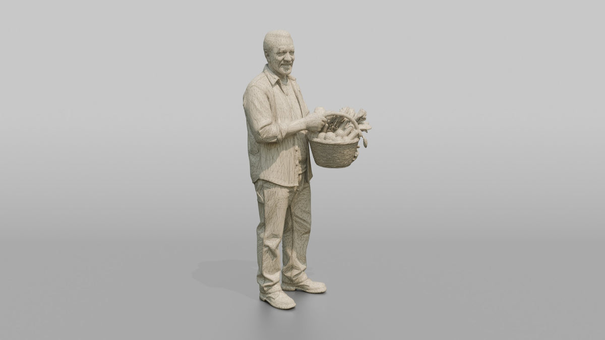 Grandfather Carrying A Wicker Garden Basket Of Vegetables - wireframe topology preview