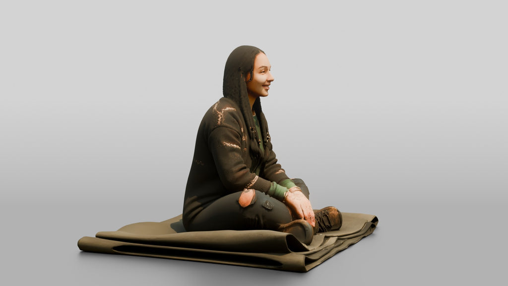 Homeless Woman Sitting on a Folded Tarp