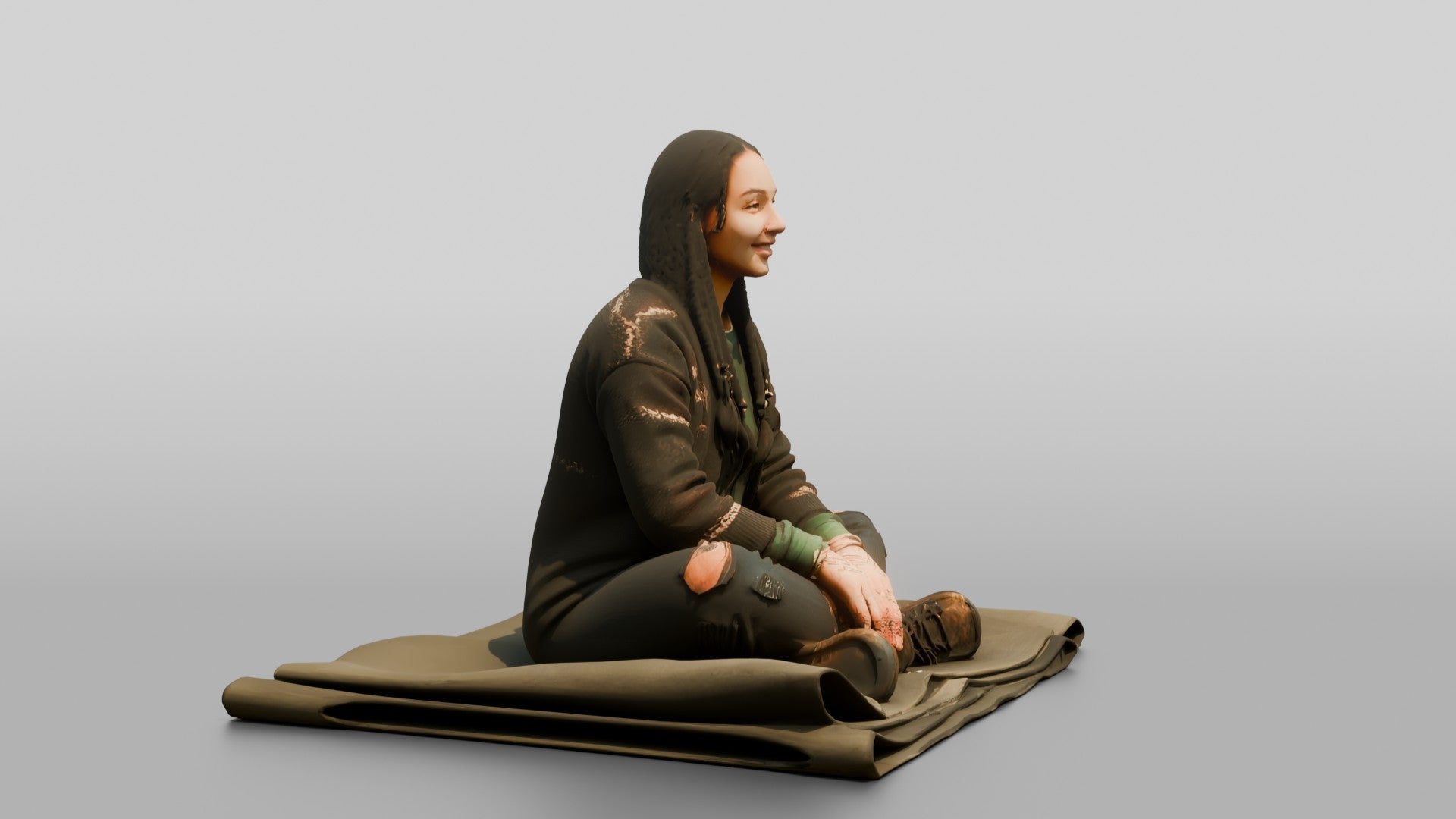 Homeless Woman Sitting on a Folded Tarp