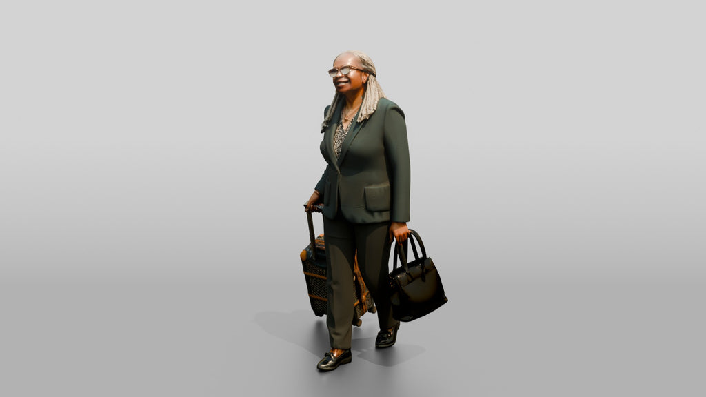 Elderly Black Woman in Green Blazer with Patterned Luggage