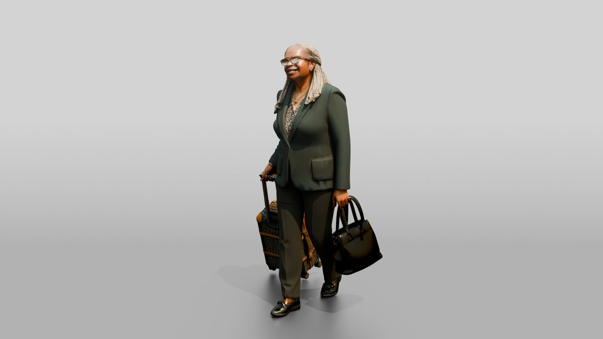 Elderly Black Woman in Green Blazer with Patterned Luggage - 3D character model, view 4