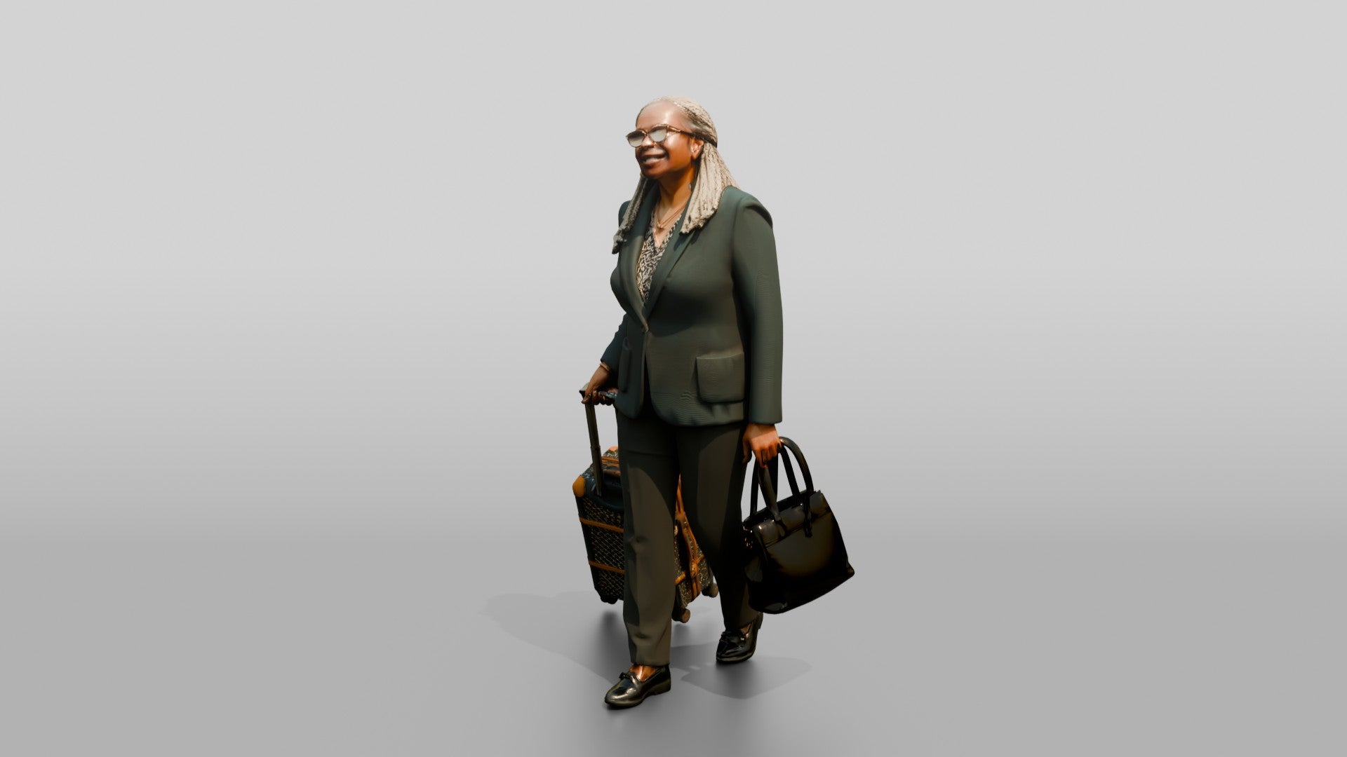 Elderly Black Woman in Green Blazer with Patterned Luggage