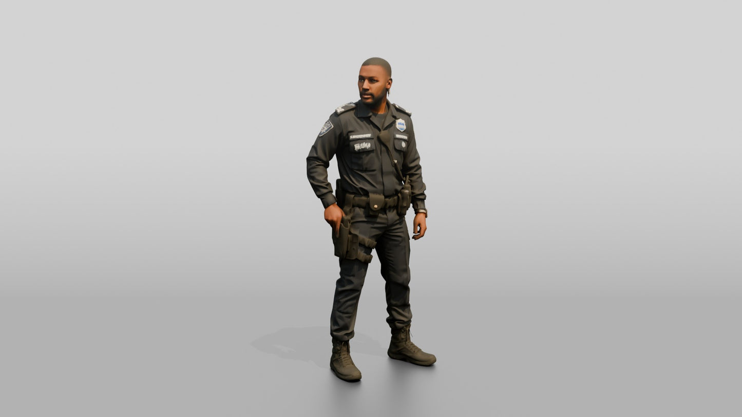 Slim Black Male Guard in a Navy Blue Tactical Uniform