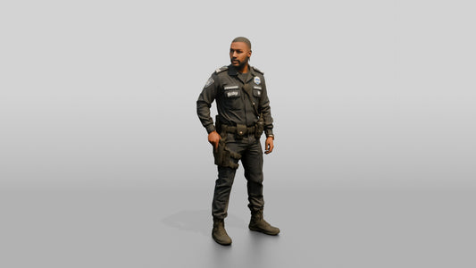 Slim Black Male Guard in a Navy Blue Tactical Uniform - 3D character model, view 1
