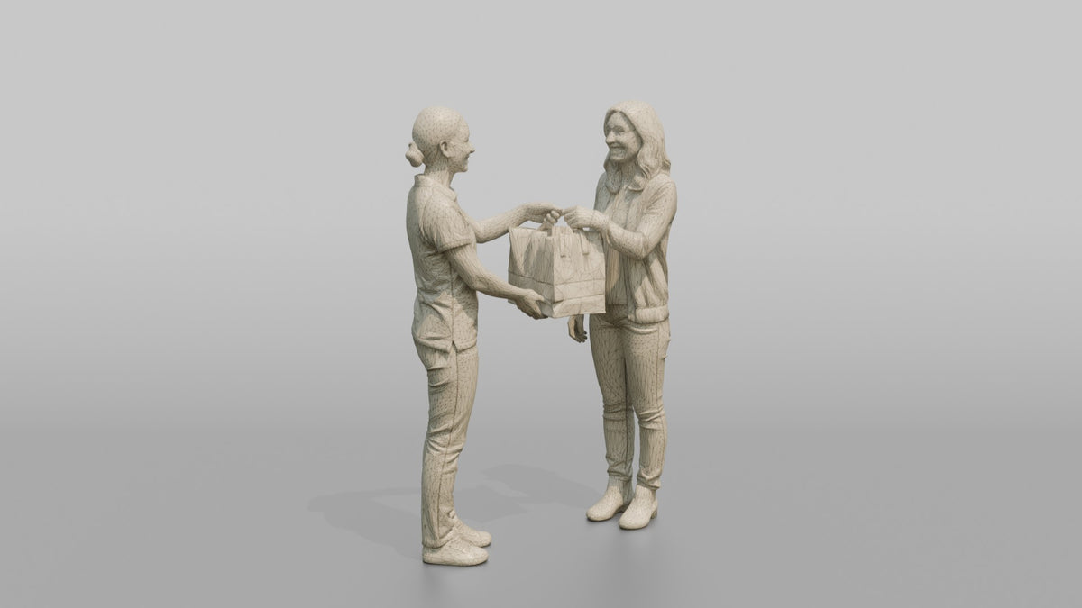 Woman Cashier Handing A Paper Shopping Bag To A Customer - wireframe topology preview