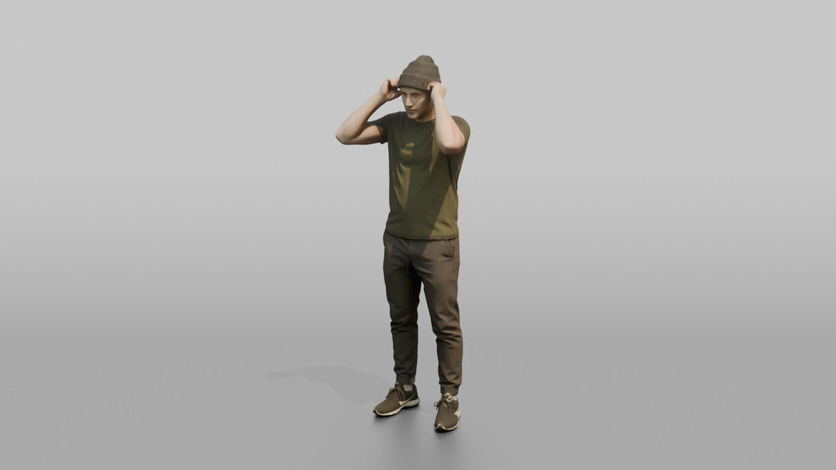 Man Customer Trying On A Beanie Hat - 3D character model, view 4