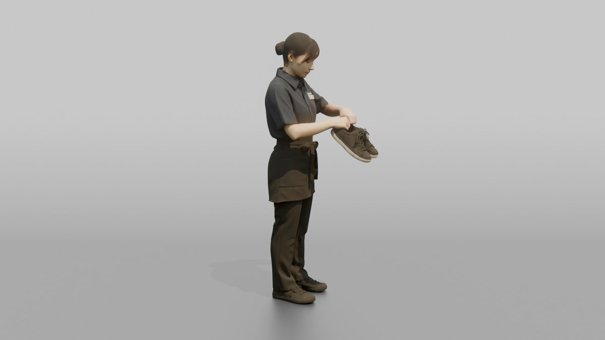 Woman Shop Assistant Arranging A Pair Of Shoes In Her Hands - 3D character model, view 2