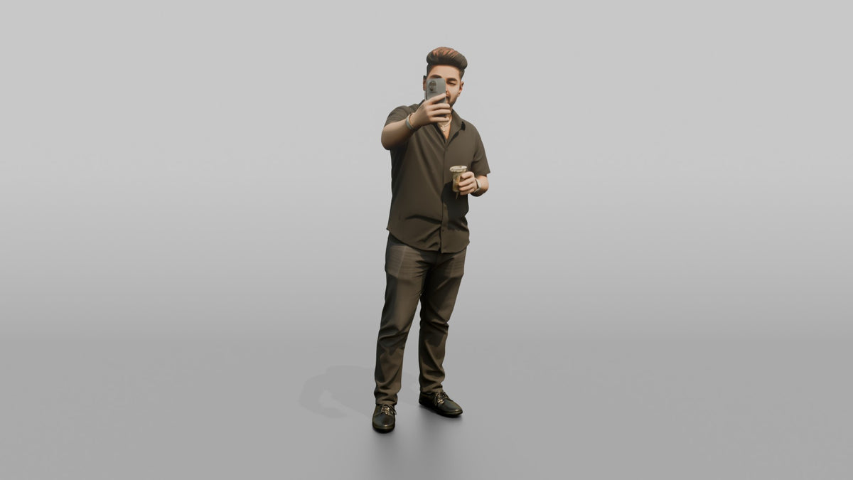 Patron Man Holding A Drink And A Phone, Taking A Photo - 3D character model