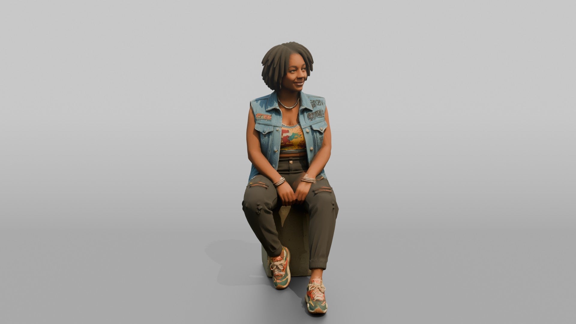African Woman in Denim Vest Sitting on Concrete Block