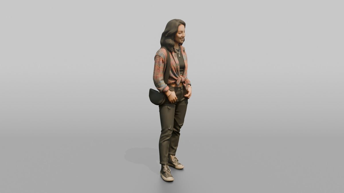 Patron Woman Wearing An Oversized Colorful Flannel Tied At The Waist - 3D character model, view 2
