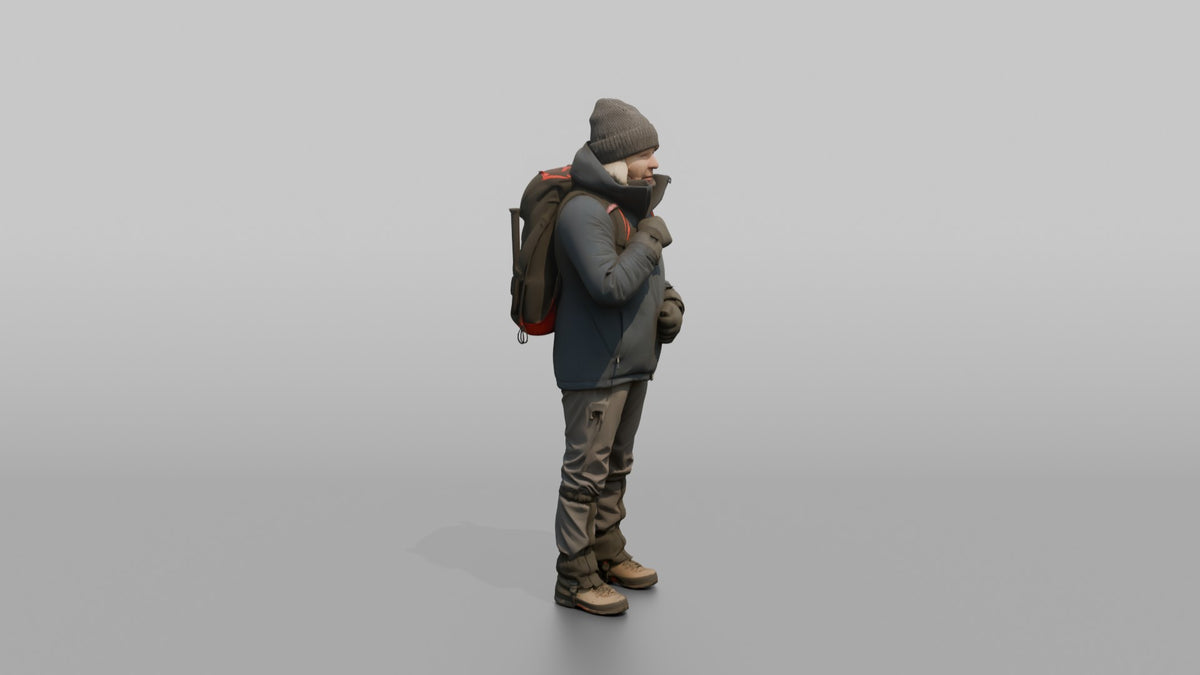 Winter Hiker Zipping Up Her Jacket - 3D character model, view 2