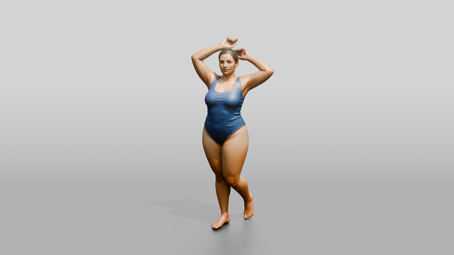 Curvy Woman in Blue One-Piece Swimsuit Arms Raised