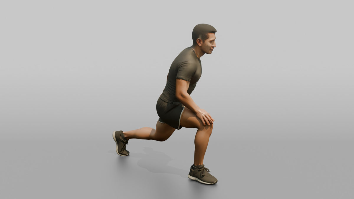 Fitness Influencer Man Doing A Dynamic Lunge Stretch - 3D character model, view 3