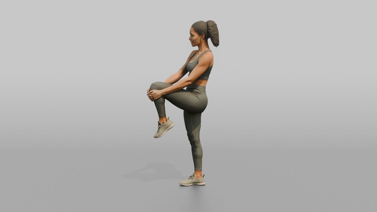 Fitness Influencer Woman Doing A Standing Knee-to-chest Stretch - 3D character model, view 4