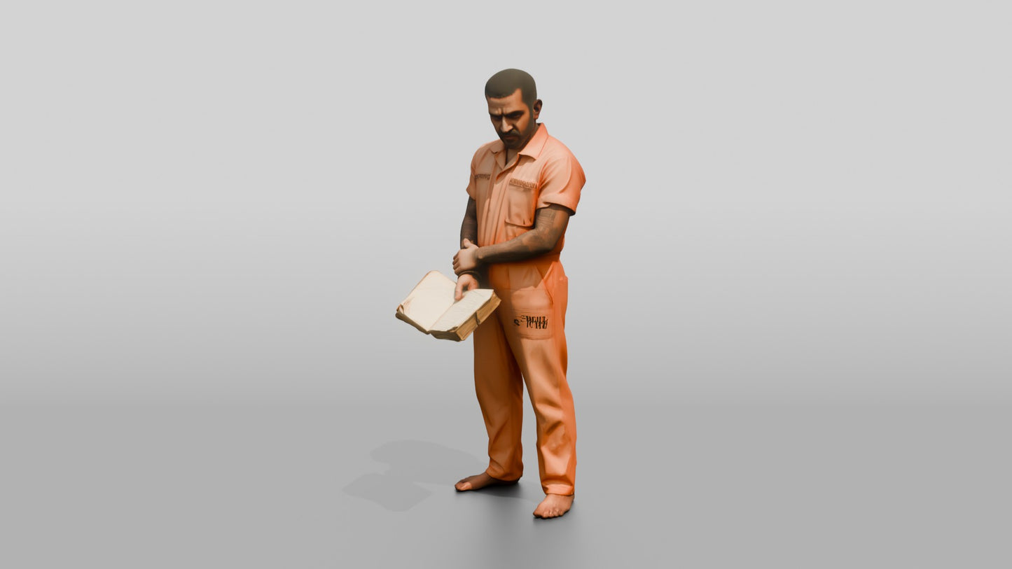 South Asian Male Prisoner Holding a Worn Book Open in One Hand