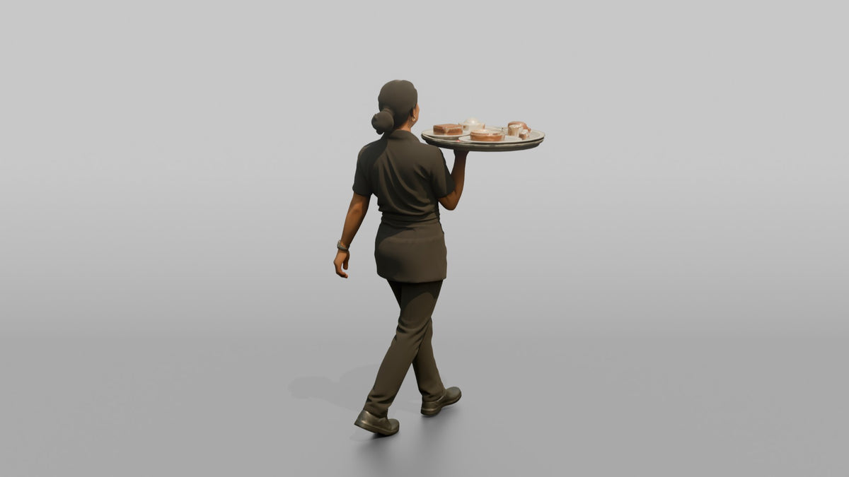 Server Woman Balancing A Tray With Dessert Plates - 3D character model, view 3