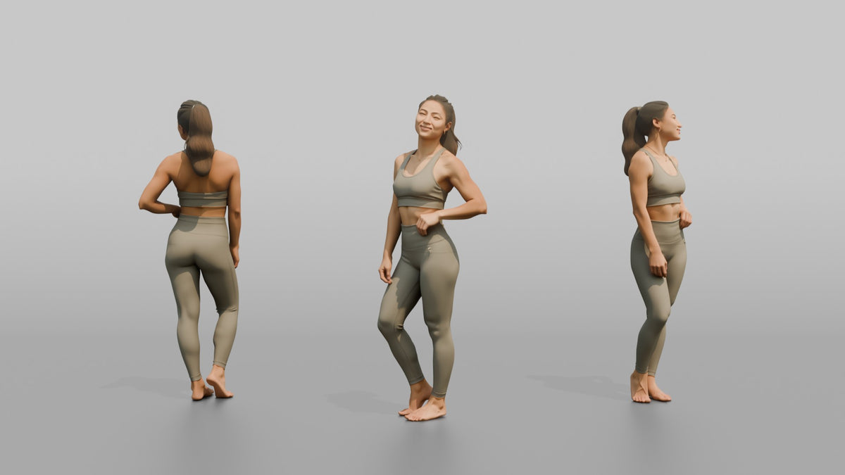 Fitness Influencer Woman Standing Three-quarter Angle, Chin Slightly Up - 3D character model, view 1