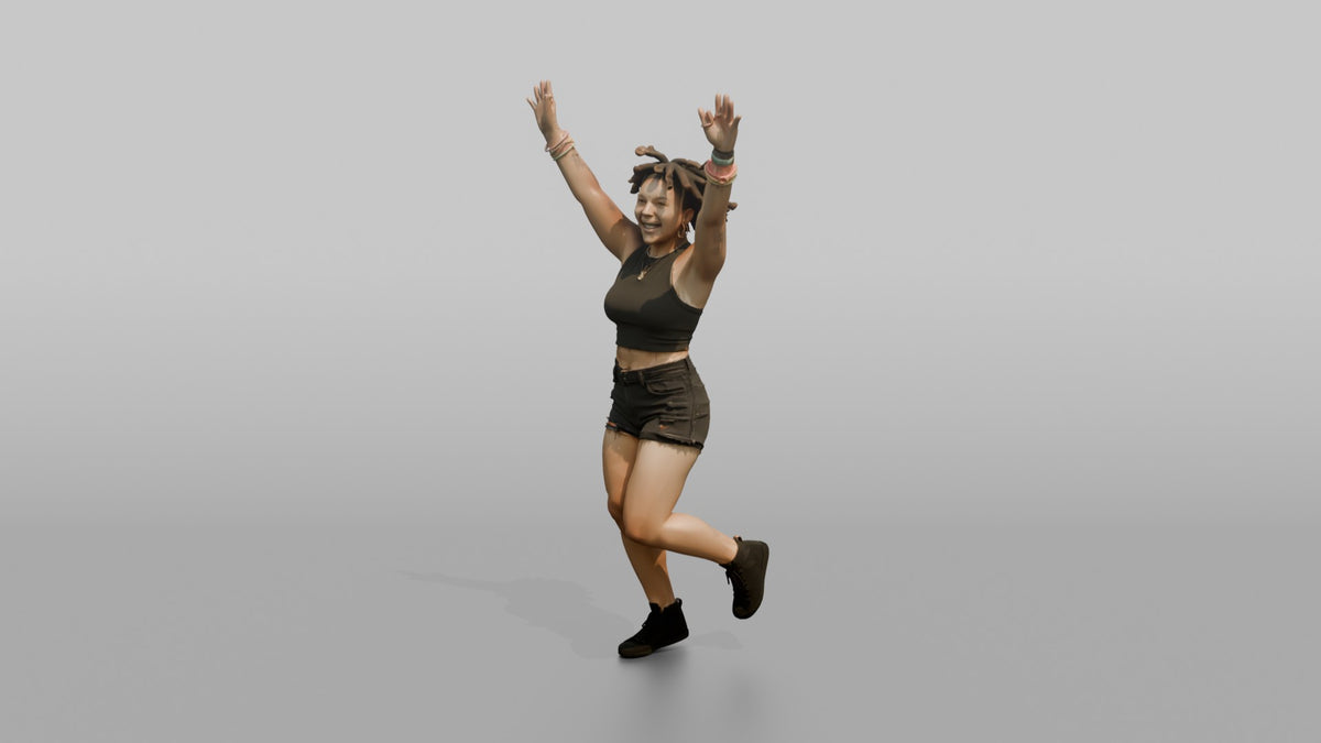 Patron Woman Dancing With Both Hands Up, Glow Stick Bracelets Visible - 3D character model, view 4