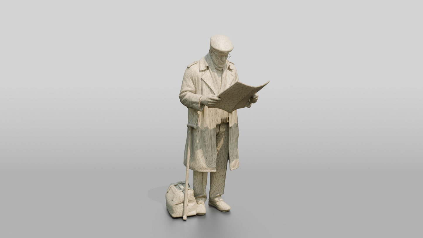 Elderly Black Man Reading Newspaper at Bus Stop