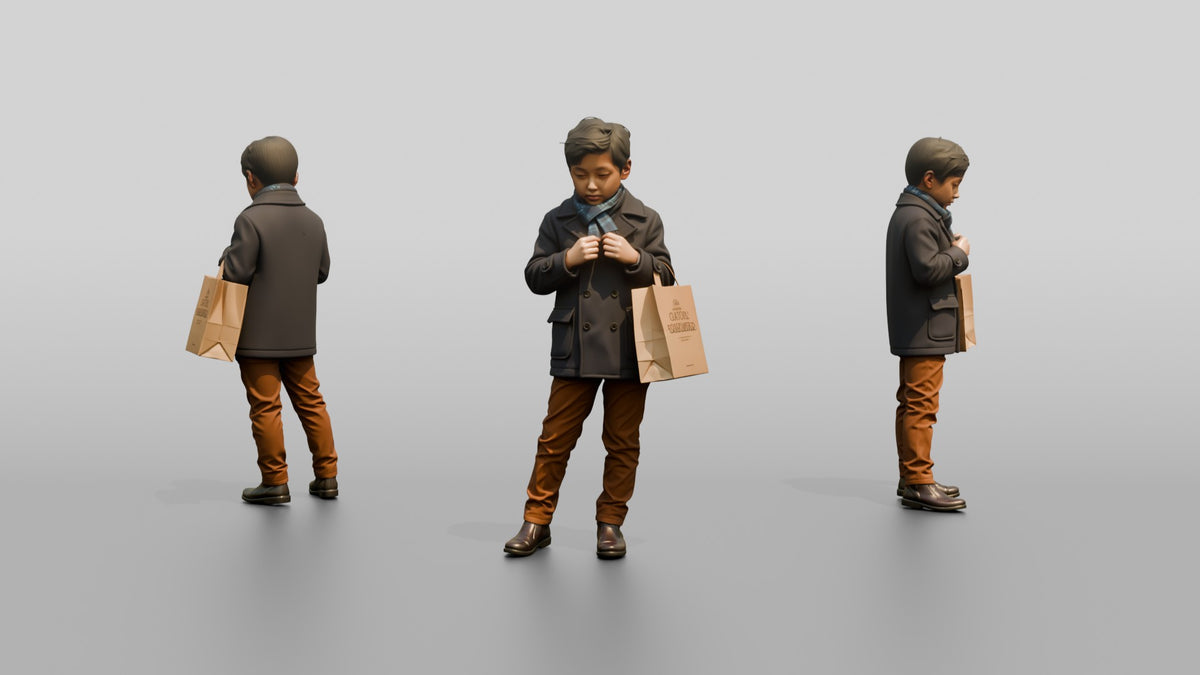 Boy Buttoning His Winter Coat - 3D character model