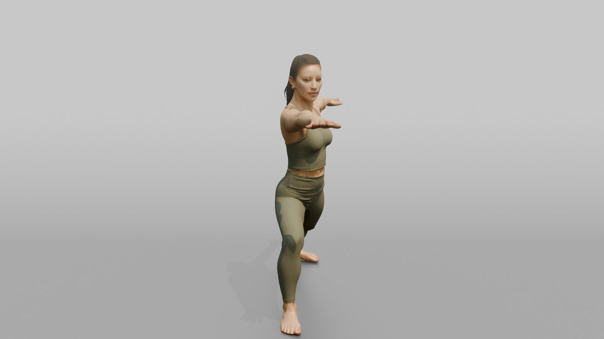 Fitness Influencer Woman Holding A Warrior-pose Stretch - 3D character model, view 2
