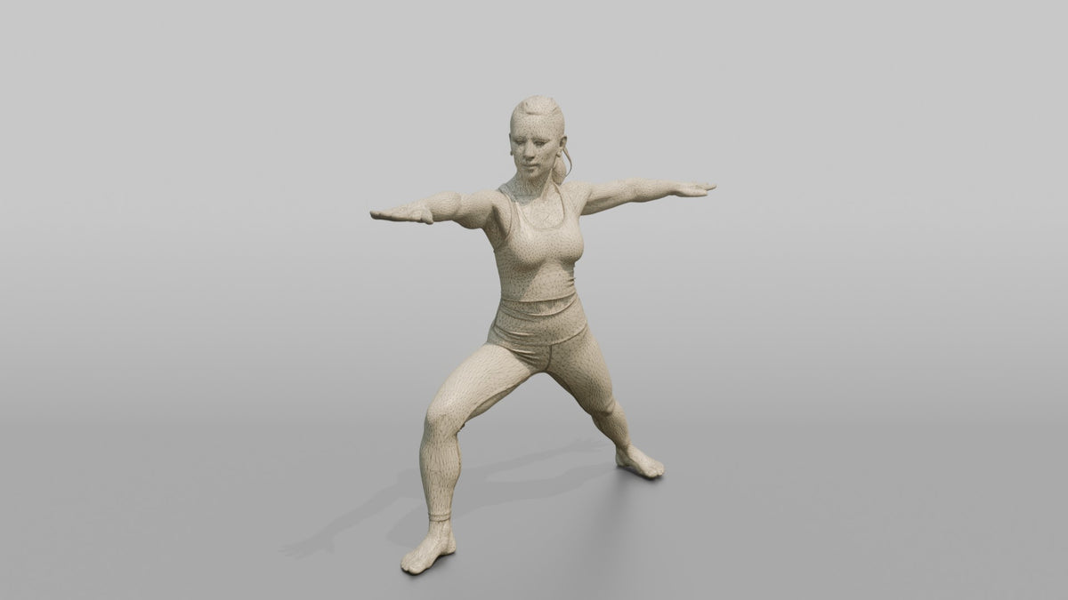 Fitness Influencer Woman Holding A Warrior-pose Stretch - wireframe topology preview