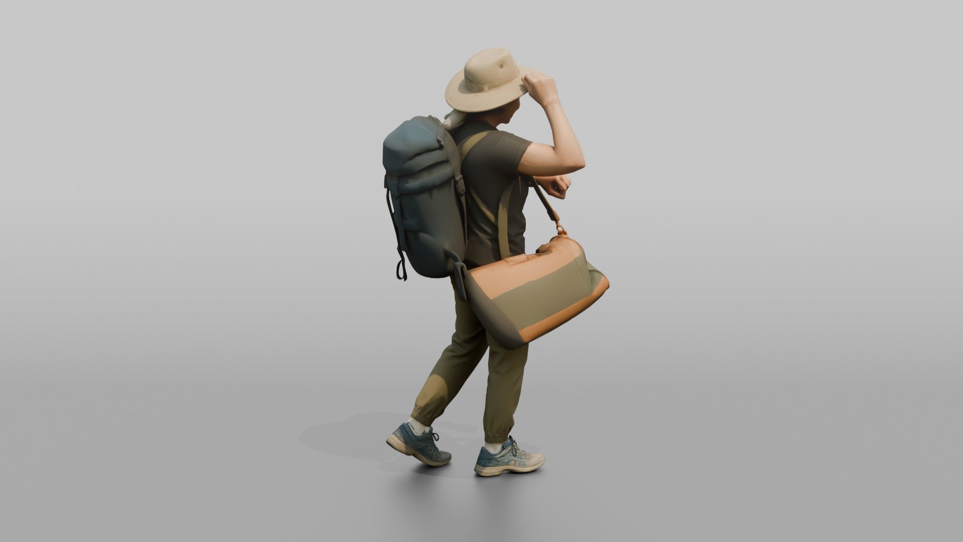 Traveler Adjusting Her Sun Hat