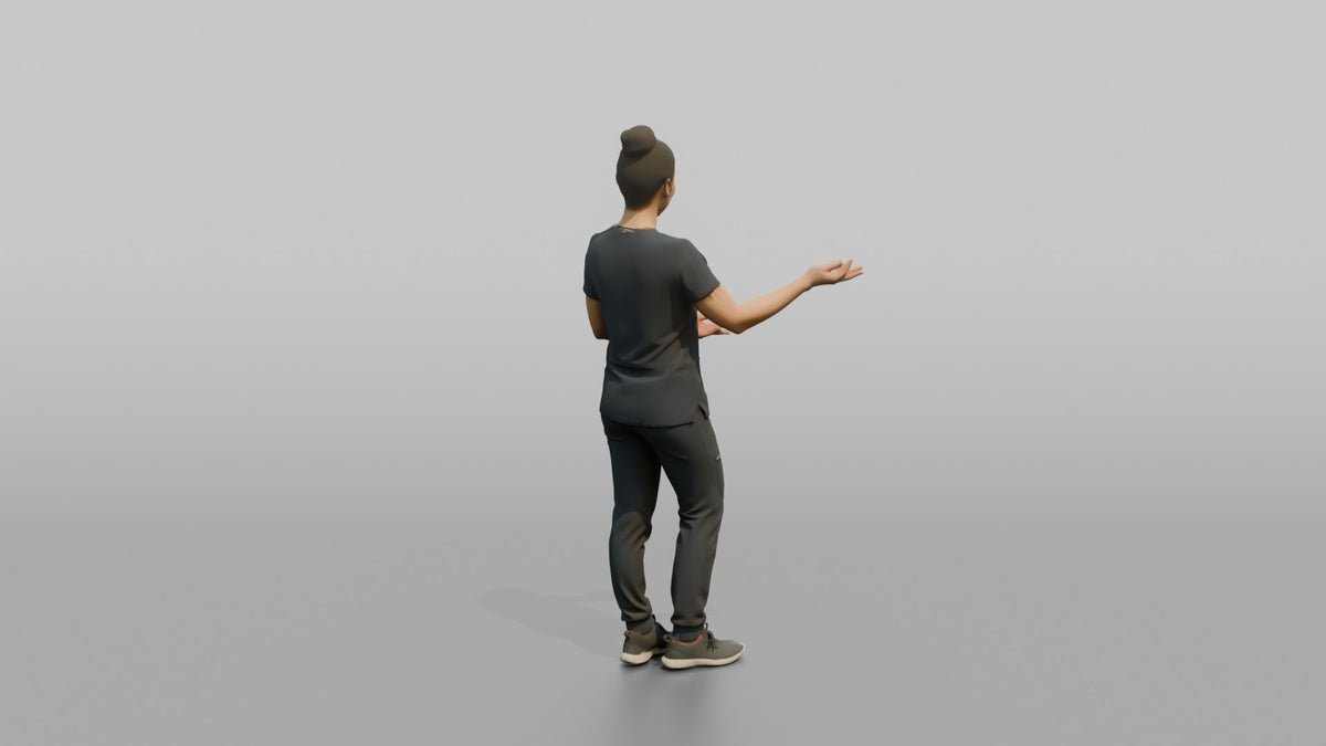 Esthetician Woman Gesturing Toward A Treatment Chair - 3D character model, view 3