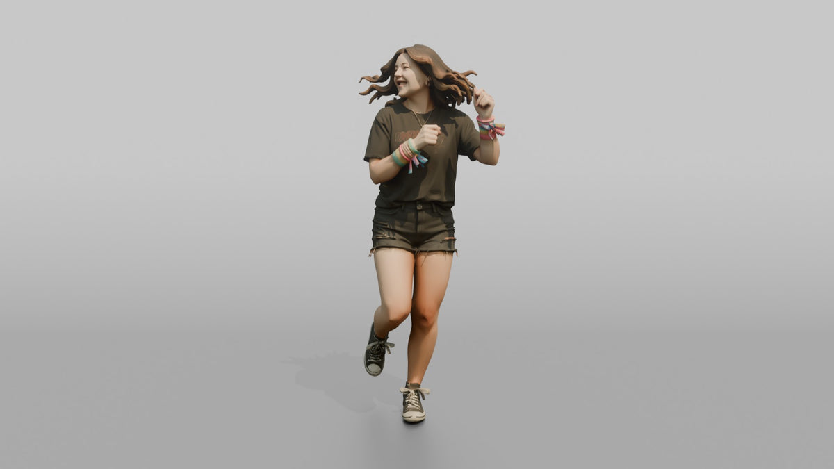 Patron Woman Dancing Energetically, Bright Colorful Wristbands Stacked - 3D character model, view 4