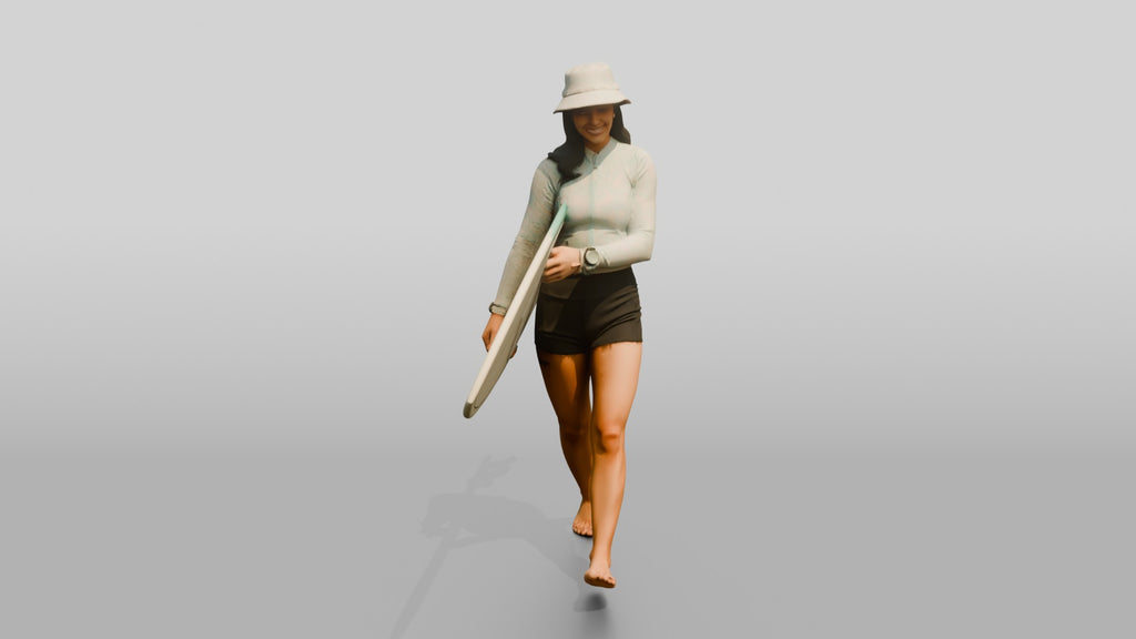 Woman Balancing Surfboard Adjusting Wax Grip