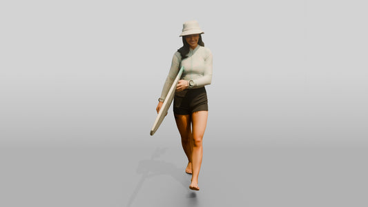 Woman Balancing Surfboard Adjusting Wax Grip - 3D character model, view 1