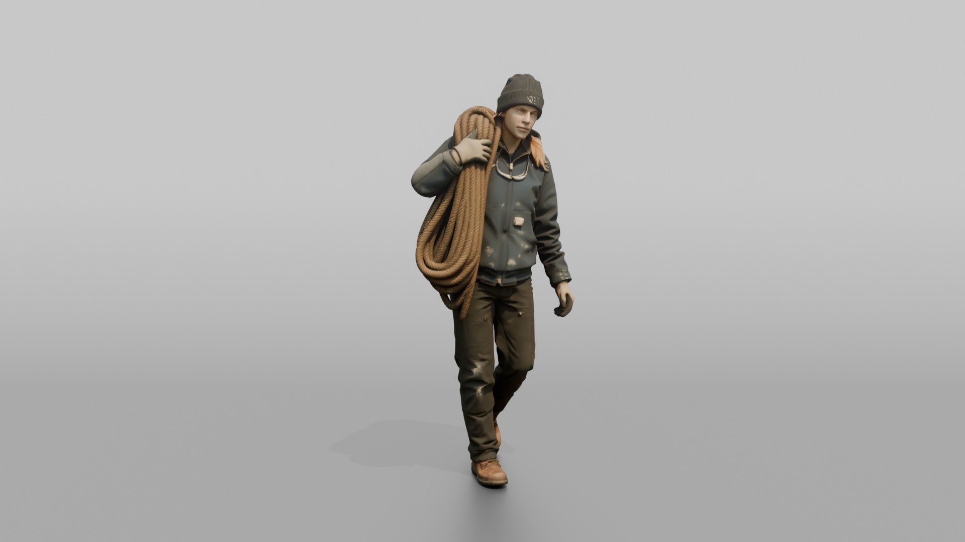 Deckhand Carrying a Coil of Rope on Deck