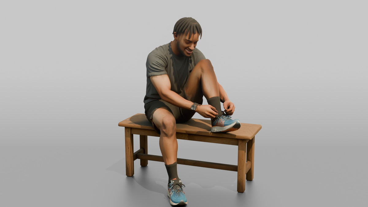 Man Customer Sitting On A Bench Trying On Running Shoes - 3D character model, view 5