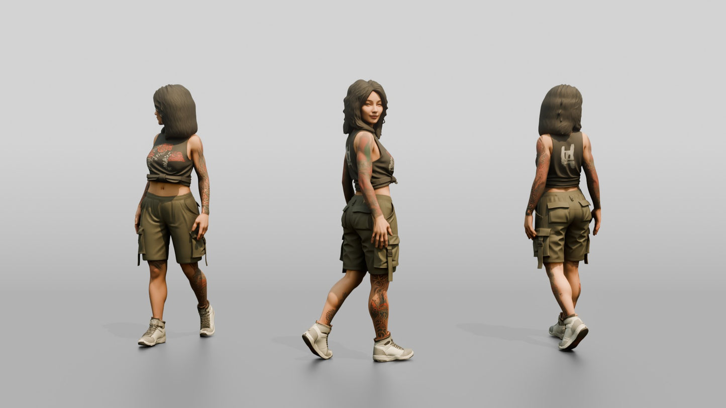 Tattooed Woman Walking in Cargo Shorts and Tank Top