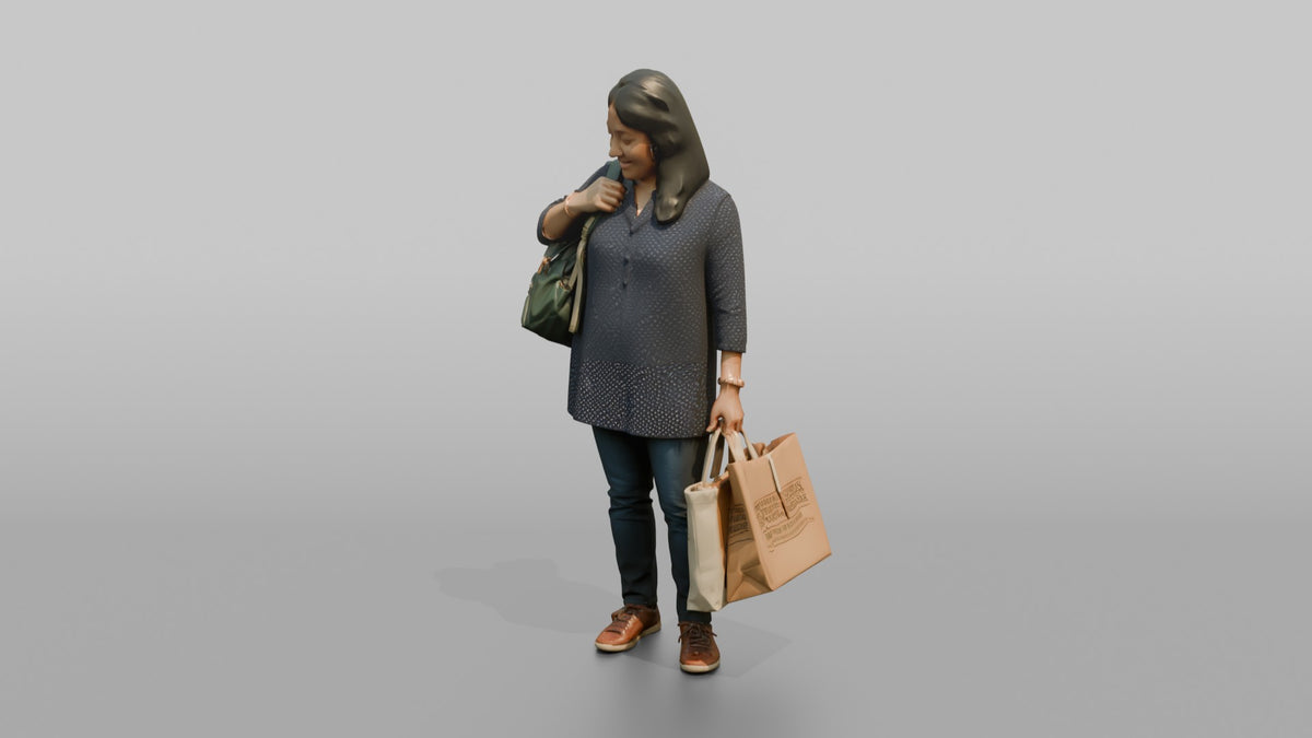 Woman Customer Adjusting Her Backpack Strap While Carrying Two Shopping Bags - 3D character model, view 4