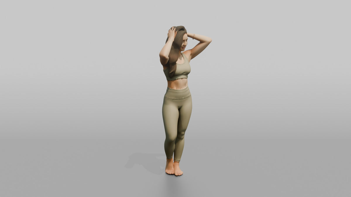 Fitness Influencer Woman Standing With Hands Running Through Hair - 3D character model, view 2