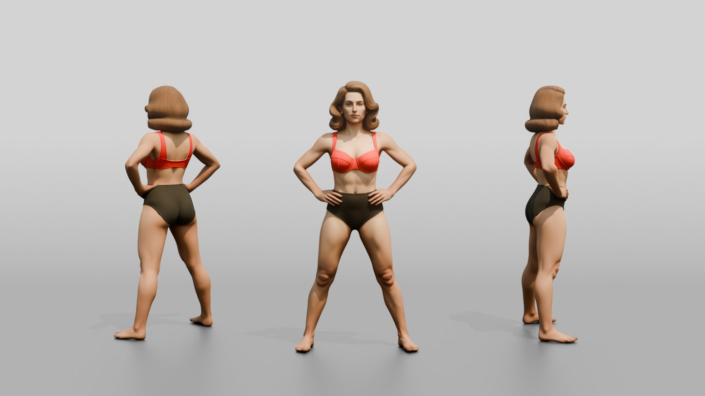 Woman in Red Two-Piece Swimsuit Wide Stance Hands on Hips