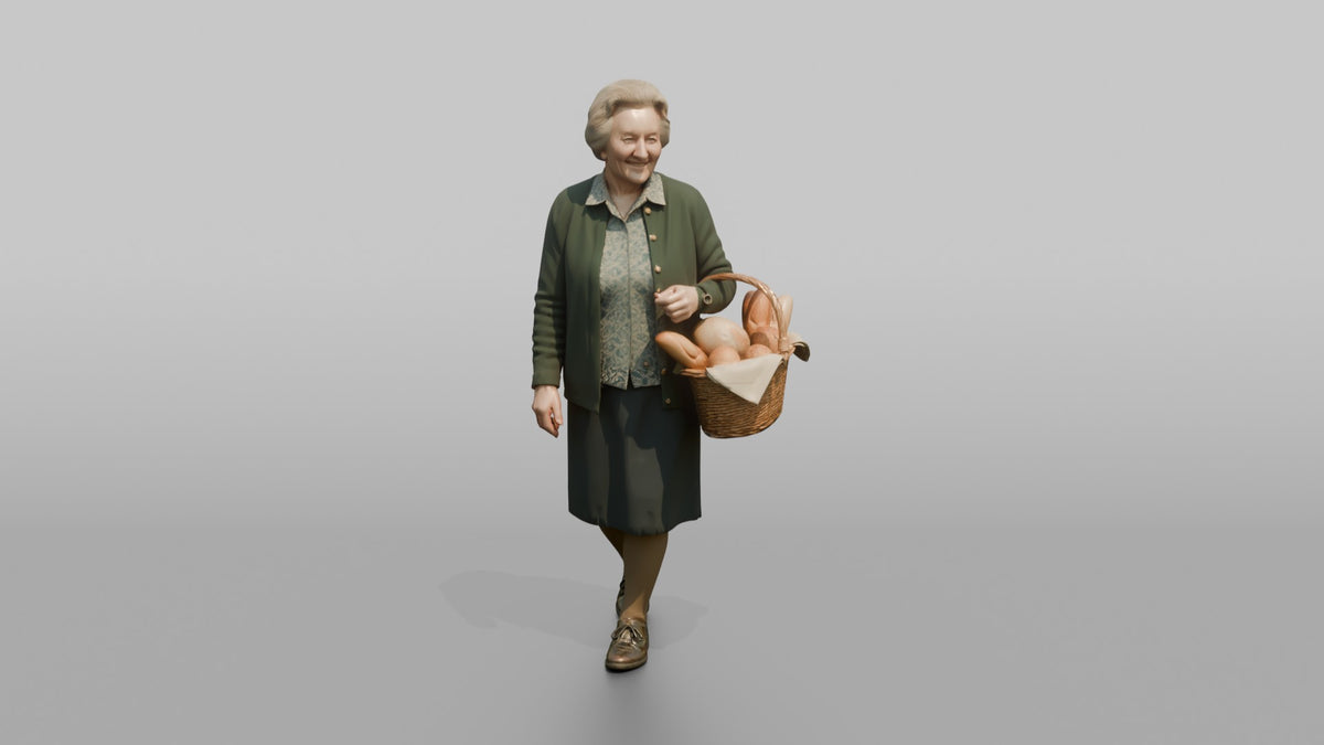 Grandmother Carrying A Wicker Basket Of Fresh Bread - 3D character model, view 5
