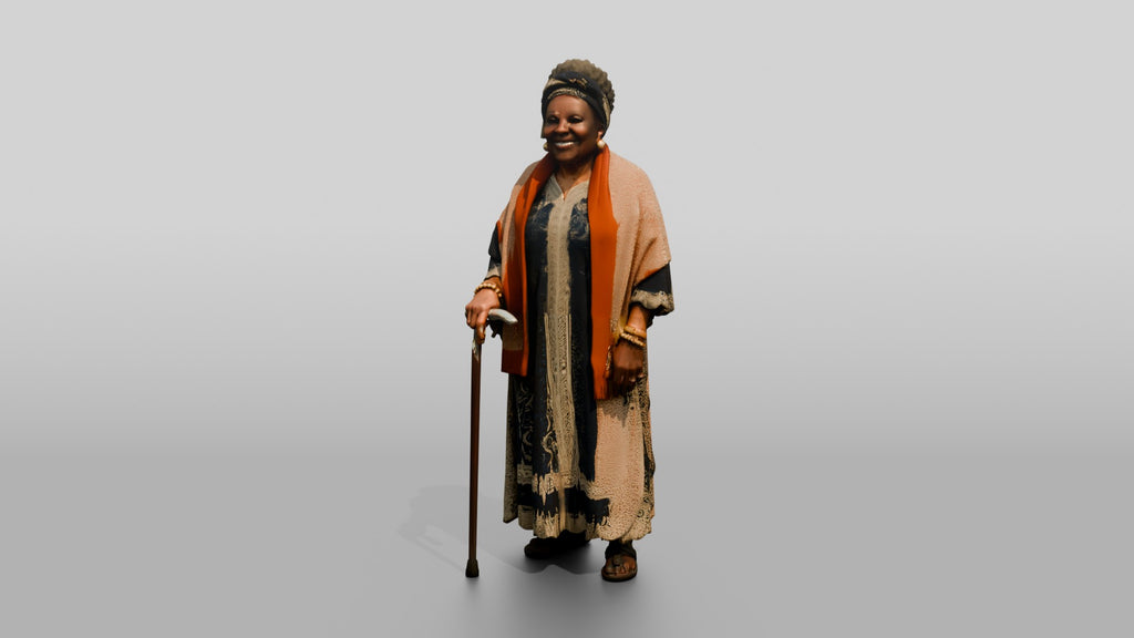 Elderly African Woman with a Walking Stick in a Lace Gown