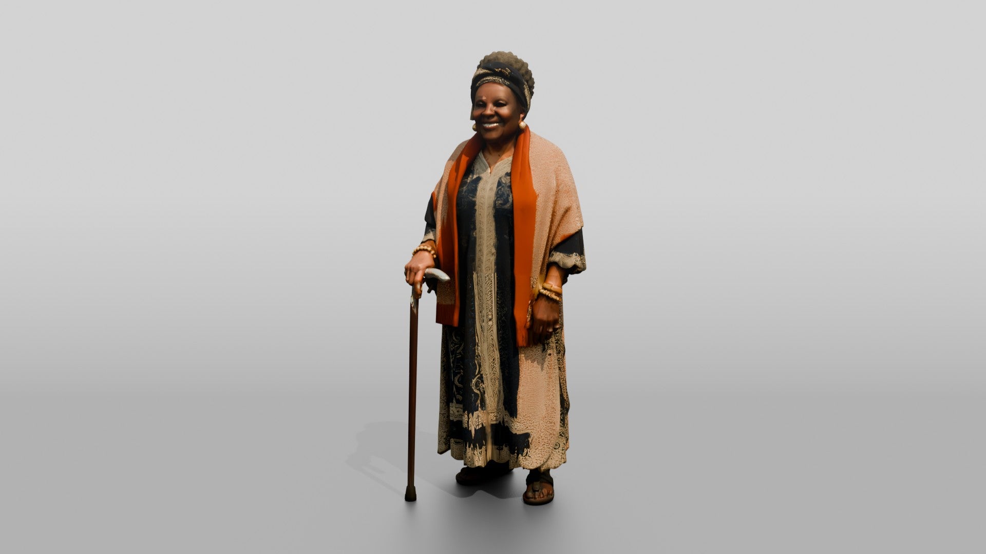 Elderly African Woman with a Walking Stick in a Lace Gown