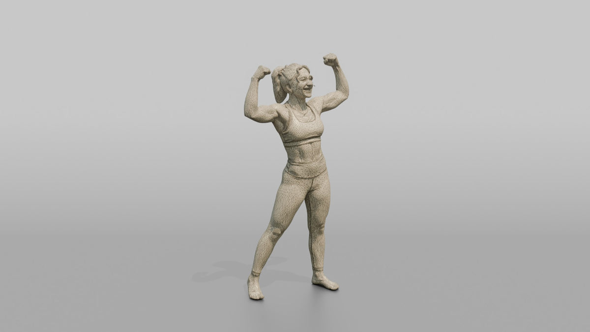 Physique Model Woman Flexing Both Arms Overhead In A Victory Pose - wireframe topology preview