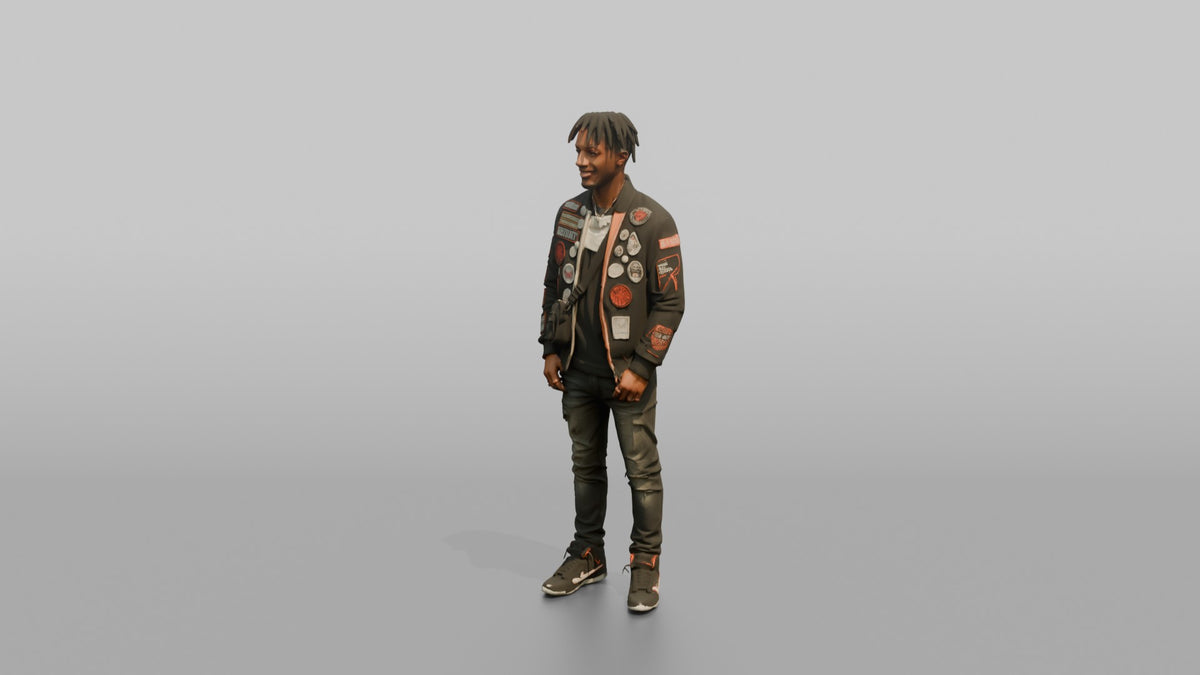 Patron Man Wearing A Vibrant Streetwear Jacket With Bold Patches - 3D character model, view 4