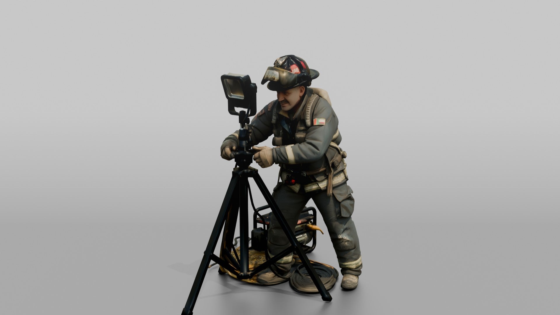 Firefighter Man Operating a Portable Floodlight Tripod