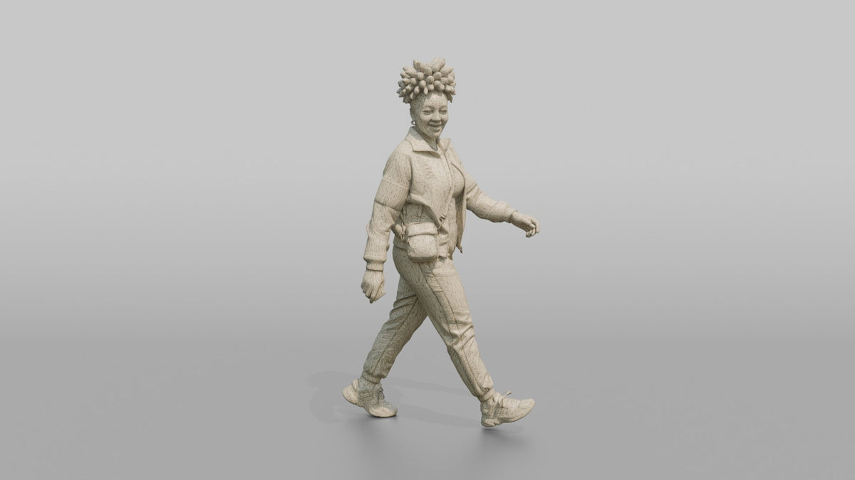 African Woman in Ankara Bomber Jacket Walking - wireframe topology preview