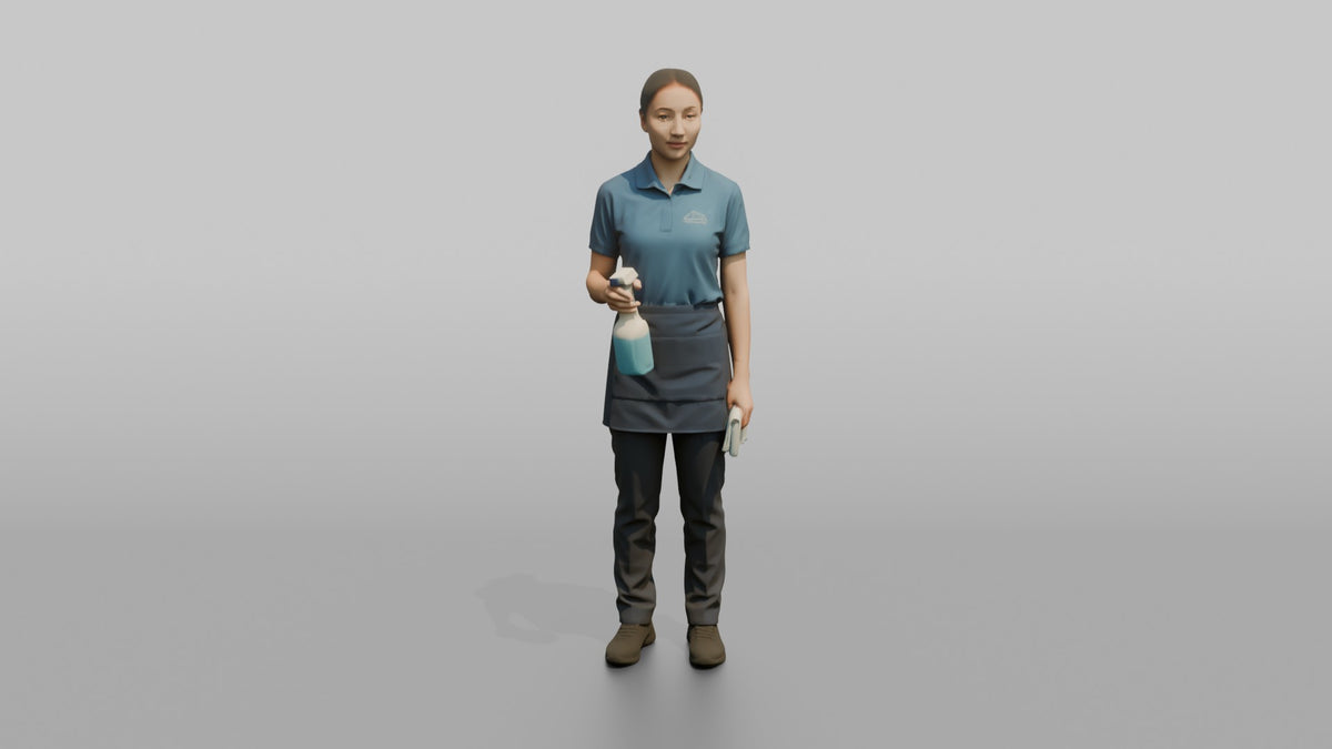 Housekeeping Staff Man Holding A Spray Bottle And Cloth - 3D character model, view 5