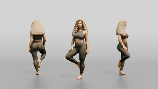 Blonde Woman in Charcoal Activewear in Tree Pose - 3D character model
